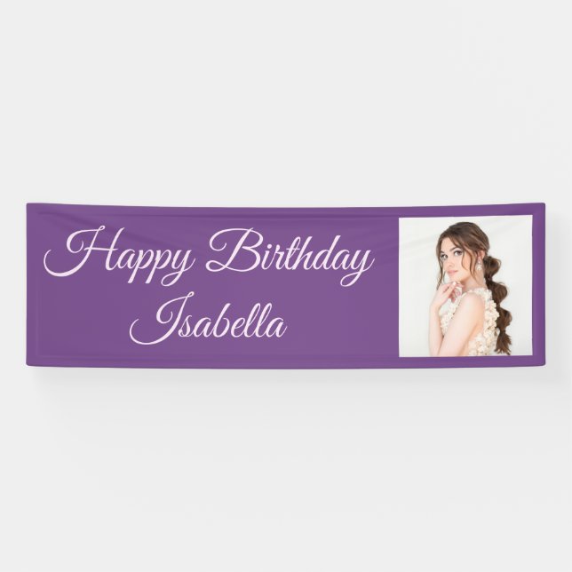 Purple Elegant Script Photo Happy Birthday  Banner (Horizontal)