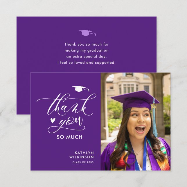 Purple Elegant Script Photo Minimalist Graduation  Thank You Card (Front/Back)