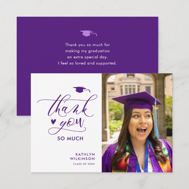 Purple Elegant Script Photo Minimalist Graduation Thank You Card (Front/Back)