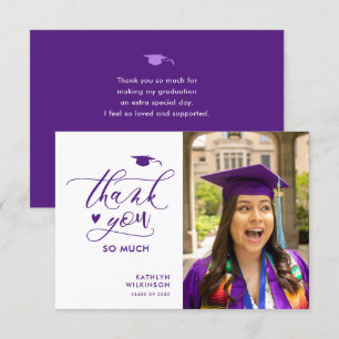 Purple Elegant Script Photo Minimalist Graduation Thank You Card
