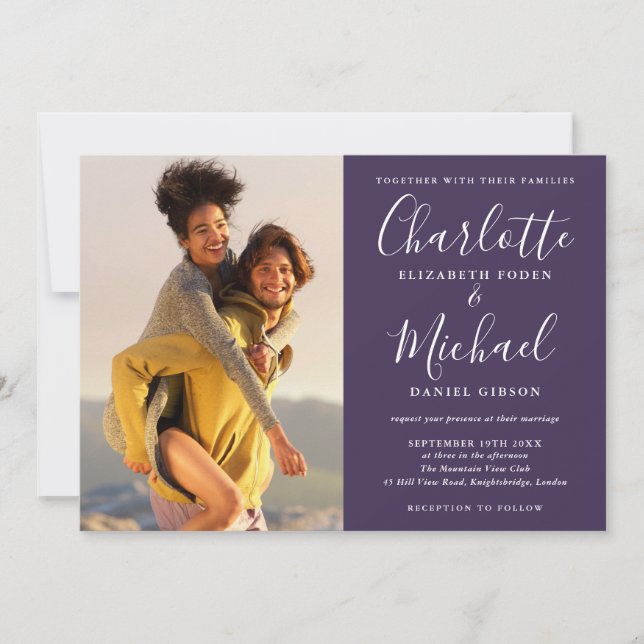 Purple Elegant Script Photo Wedding All In One Invitation (Front)