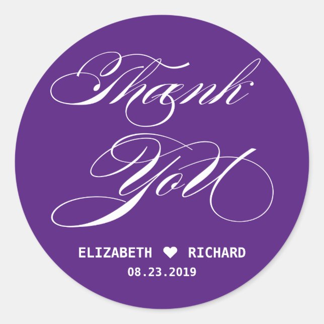 Purple Elegant Script Thank You Wedding Favour Classic Round Sticker (Front)