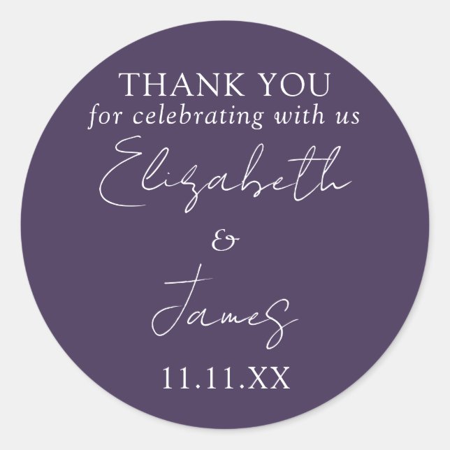 Purple Elegant Script Wedding Thank You Classic Round Sticker (Front)