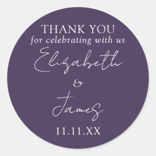 Purple Elegant Script Wedding Thank You Classic Round Sticker