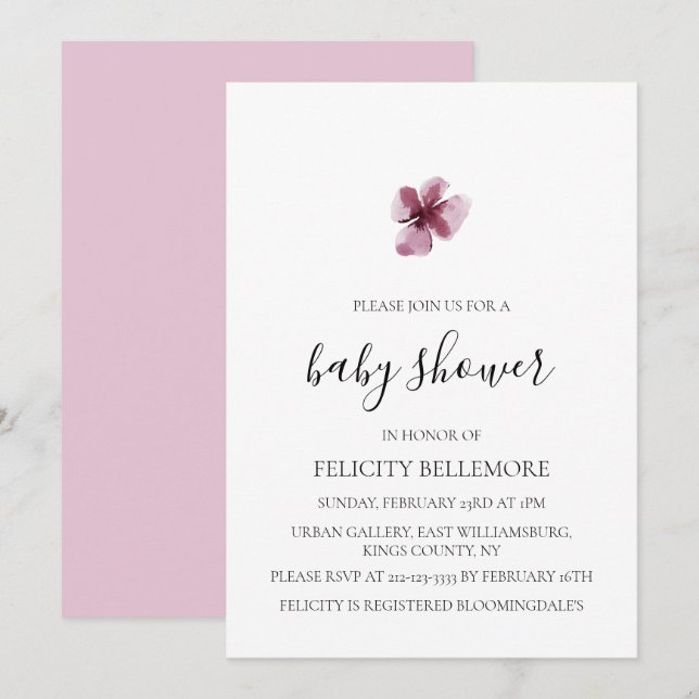 Purple Elegant Simple Girl Baby Shower Invitation (Front/Back)