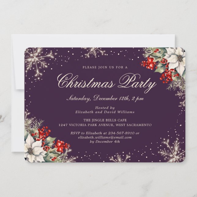 Purple Elegant Snowflakes Christmas Holiday Party Invitation (Front)