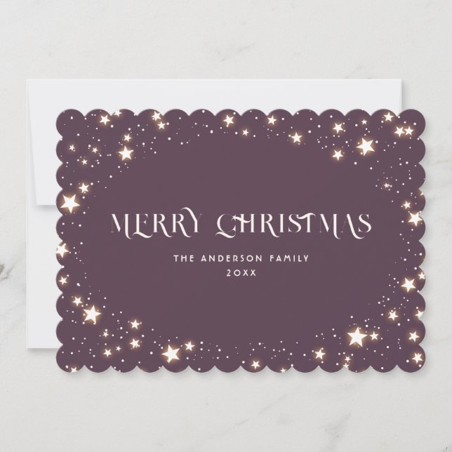 Purple Elegant Stars Snow Merry Christmas Card (Front)