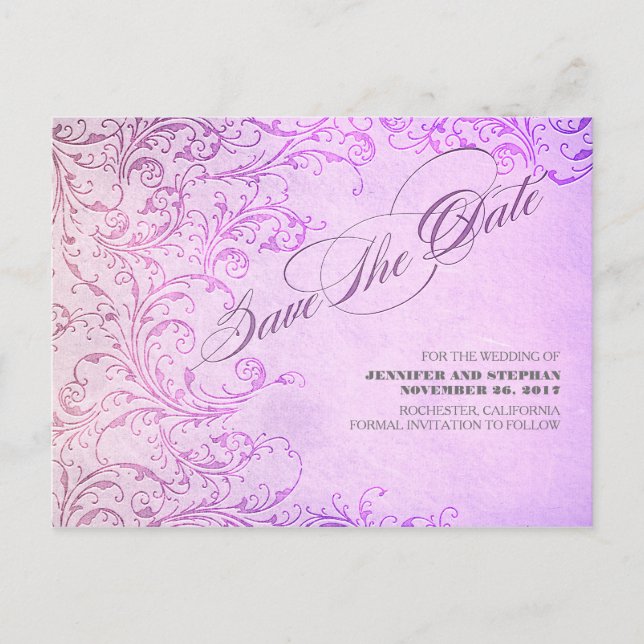 Purple elegant vintage save the date postcards (Front)