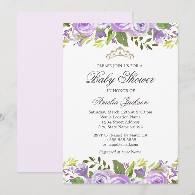 purple Elegant Watercolor Floral Baby Shower Invitation (Front/Back)