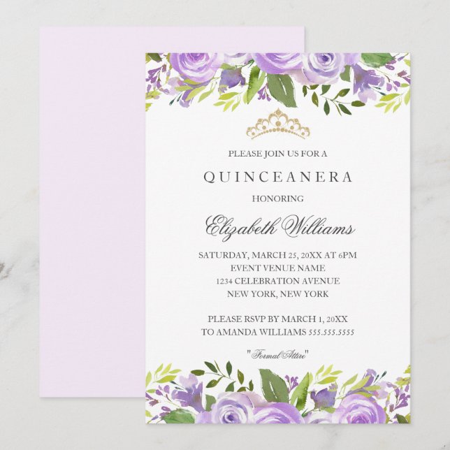 Purple Elegant Watercolor Floral Quinceanera Invitation (Front/Back)