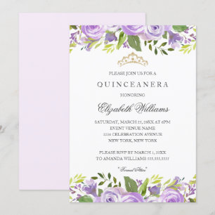 Purple Elegant Watercolor Floral Quinceanera Invitation