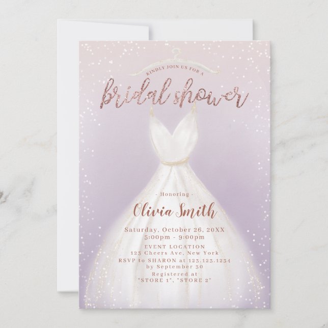 Purple Elegant Wedding Dress Bridal Shower Invitation (Front)