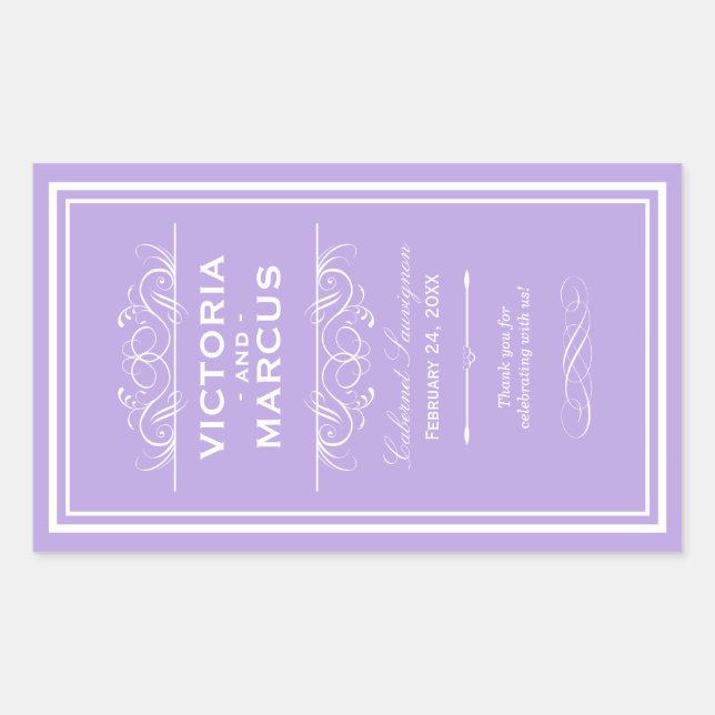 Purple Elegant Wedding Monogram Wine Bottle Rectangular Sticker (Front)
