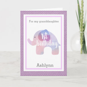 Purple Elephant 1st Birthday Granddaughter Card