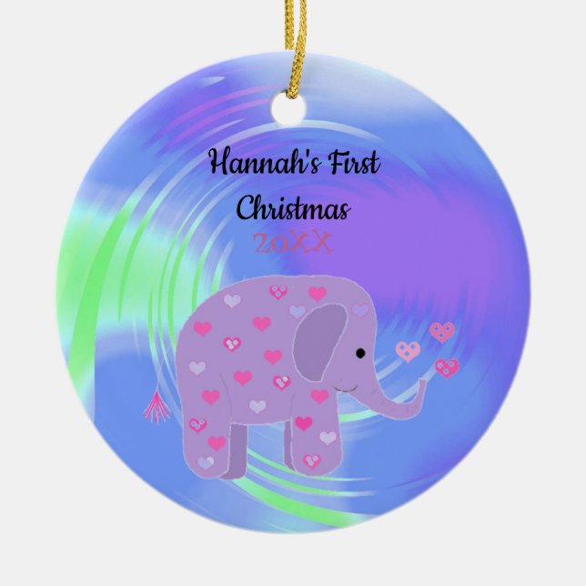 Purple Elephant Baby First Christmas Ceramic Tree Decoration (Front)