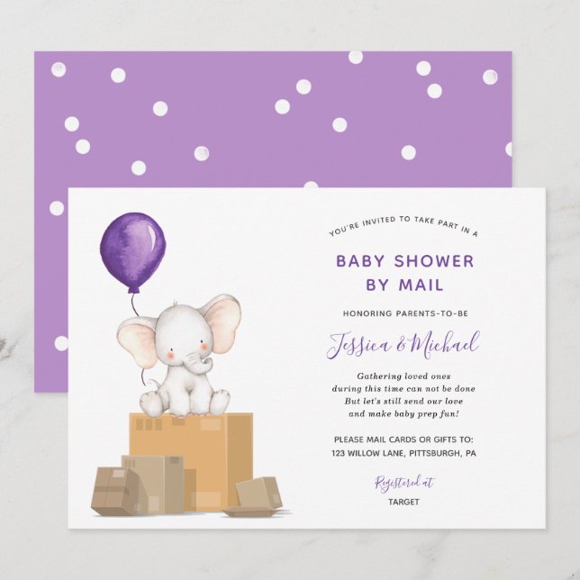 Purple Elephant Baby Shower by Mail invitation (Front/Back)