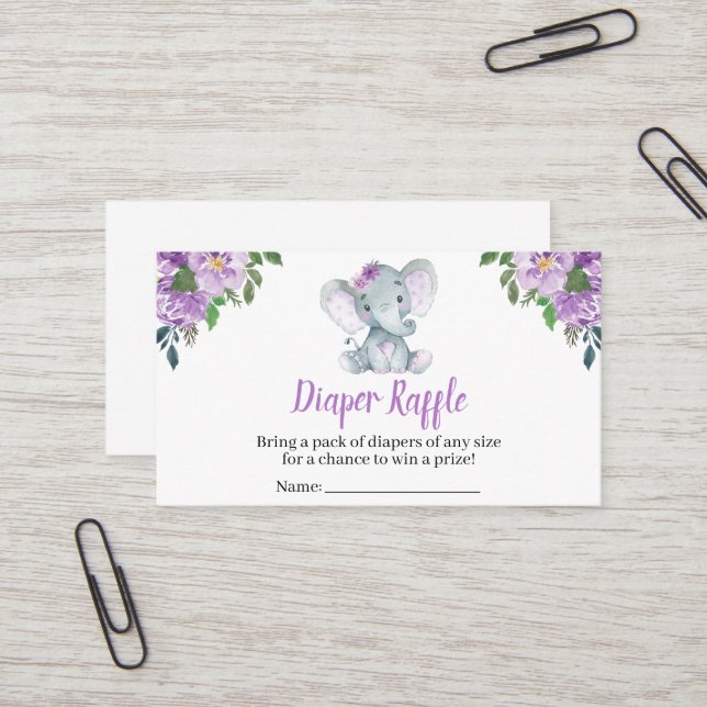 Purple Elephant Baby Shower Diaper Raffle Business Card (Front/Back In Situ)