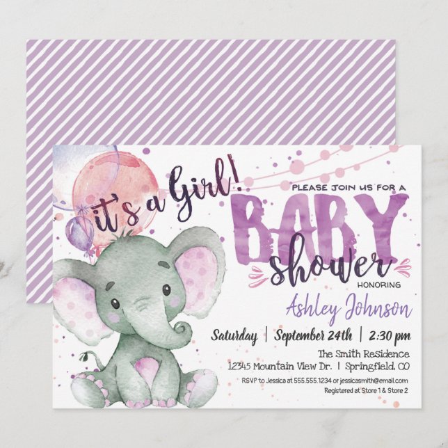 Purple Elephant Baby Shower girl invitation (Front/Back)