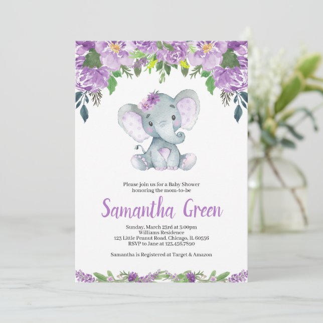 Purple Elephant Baby Shower Invitation (Standing Front)
