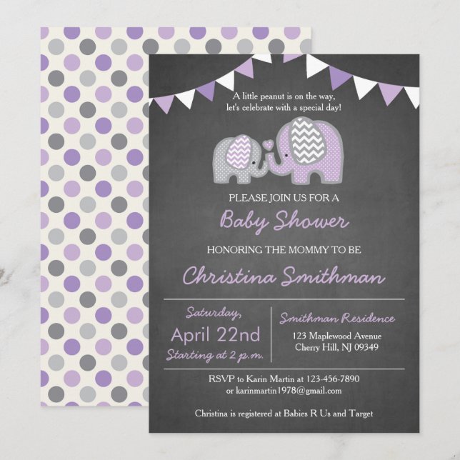 Purple Elephant Baby Shower Invitation (Front/Back)