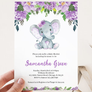Purple Elephant Baby Shower Invitation