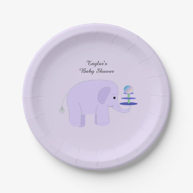 Purple Elephant Baby Shower Paper Plate (Front)