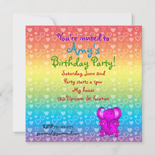 Purple elephant birthday invitations (Front)