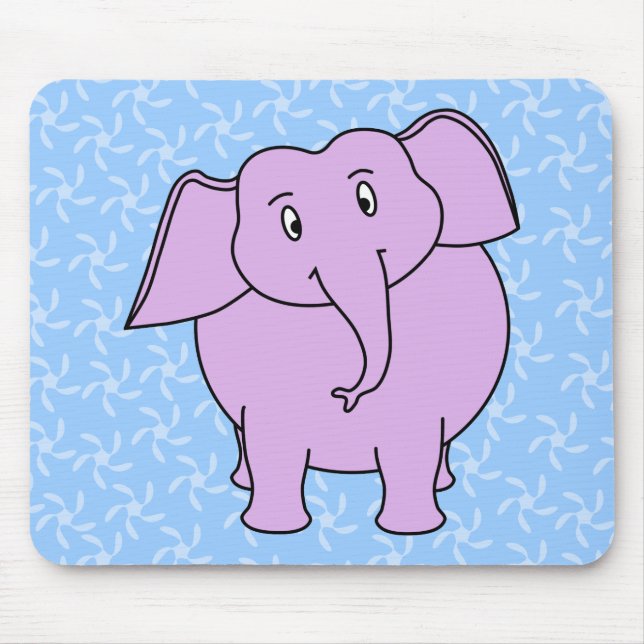 Purple Elephant Cartoon. Blue Floral Background. Mouse Mat (Front)