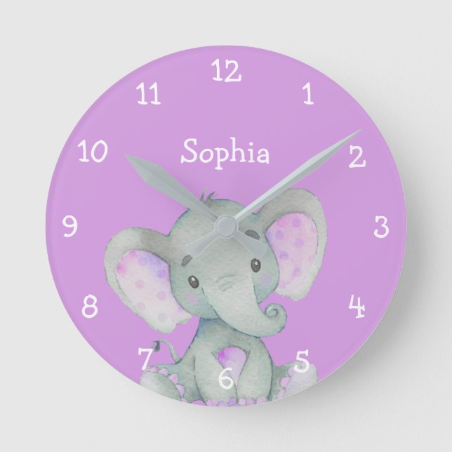 Purple Elephant Cute Baby Girl Name Personalised Round Clock (Front)