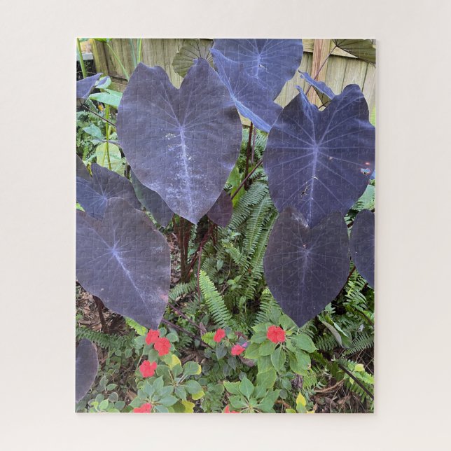 Purple Elephant Ears, Red Impatiens, Green Ferns Jigsaw Puzzle (Vertical)