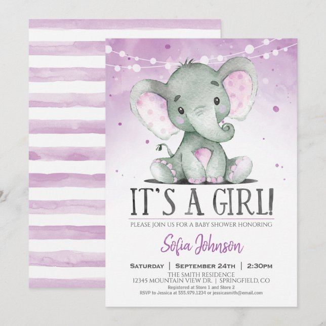 Purple Elephant Girl Baby Shower Invitation (Front/Back)