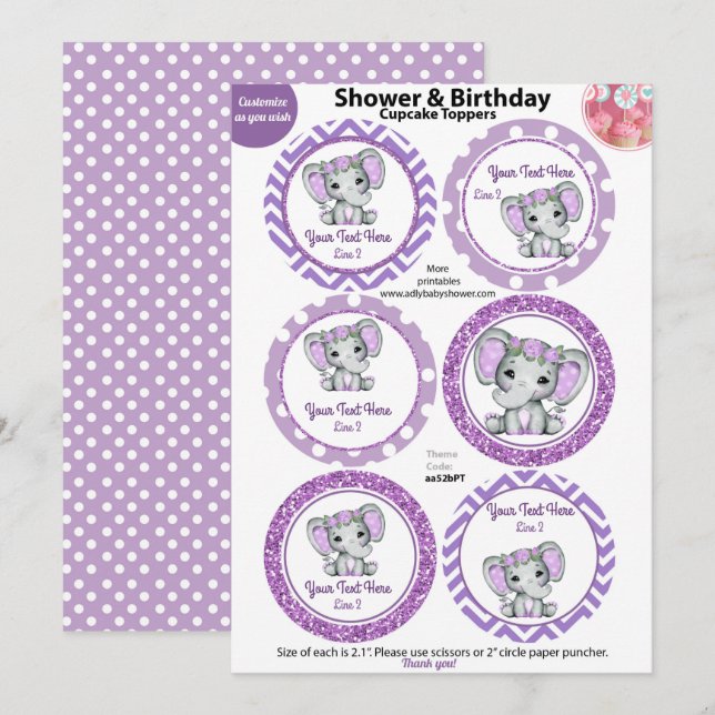 Purple Elephant Girl Cupcake Toppers, Baby Shower Invitation (Front/Back)