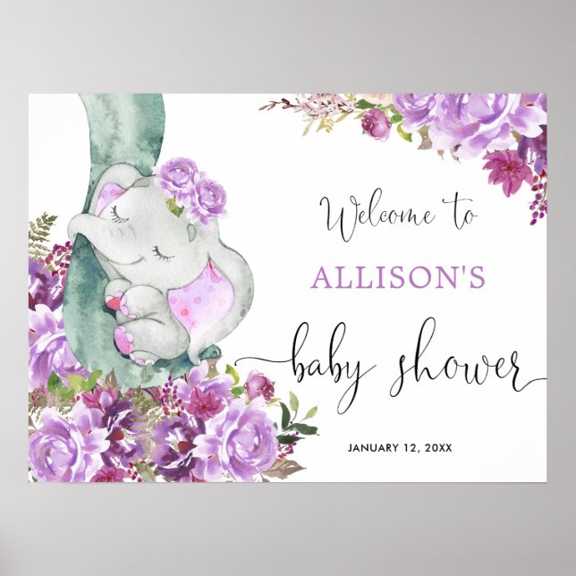 Purple elephant girl floral baby shower welcome poster (Front)