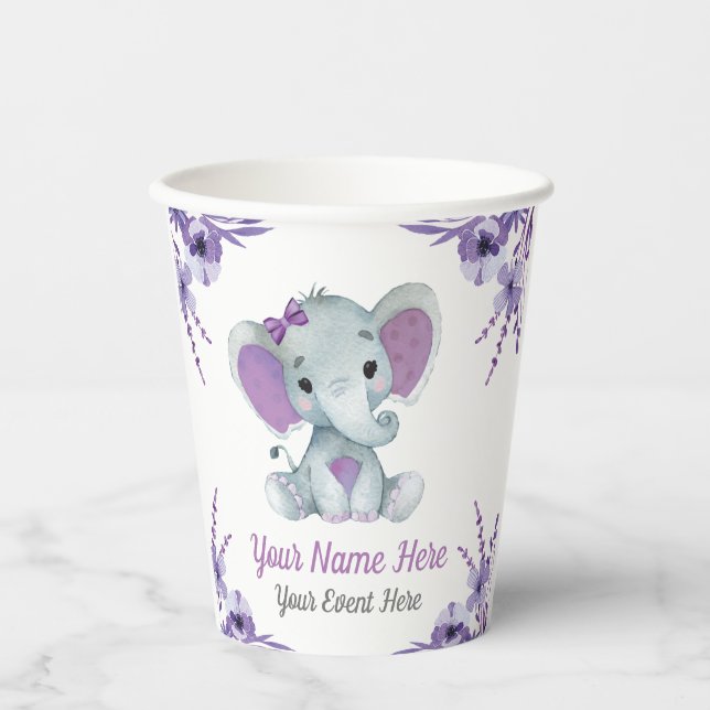 Purple Elephant Girl Paper Cups Shower Birthday (Front)