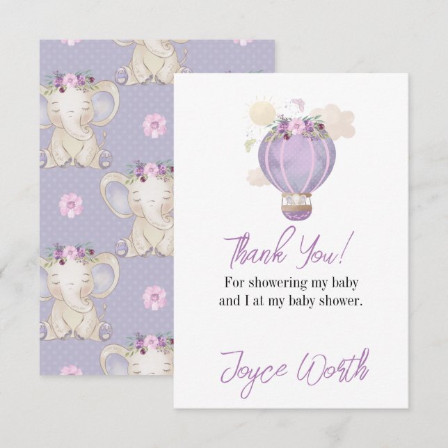 Purple elephant hot air balloon thank you card (Front/Back)