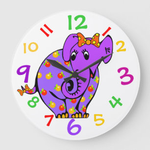 Purple Elephant Kids Clock With Colourful Numbers