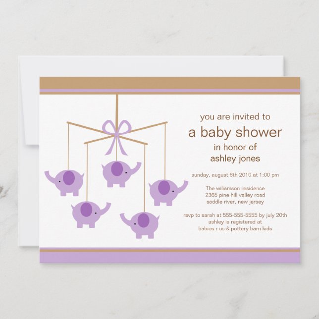 Purple Elephant Mobile Baby Shower Invitation (Front)