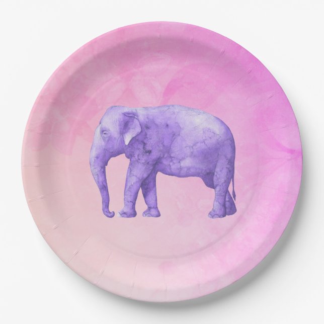 Purple Elephant on Dreamy Pink Watercolors Paper Plate (Front)