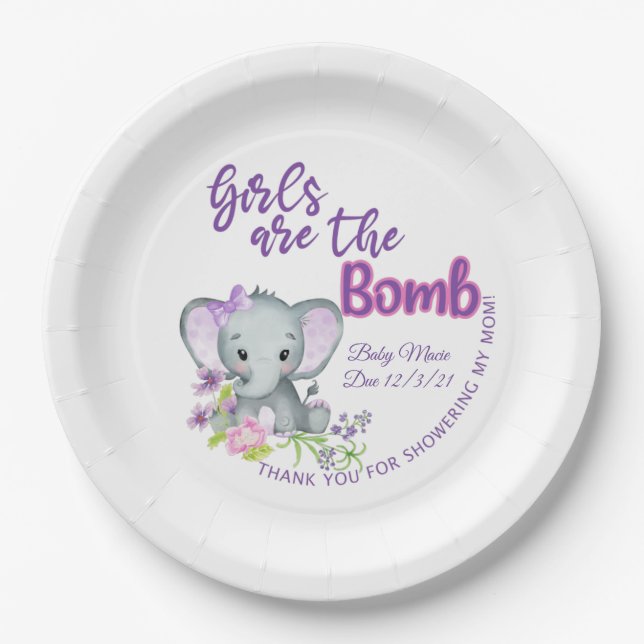 Purple elephant personalised baby shower plates (Front)