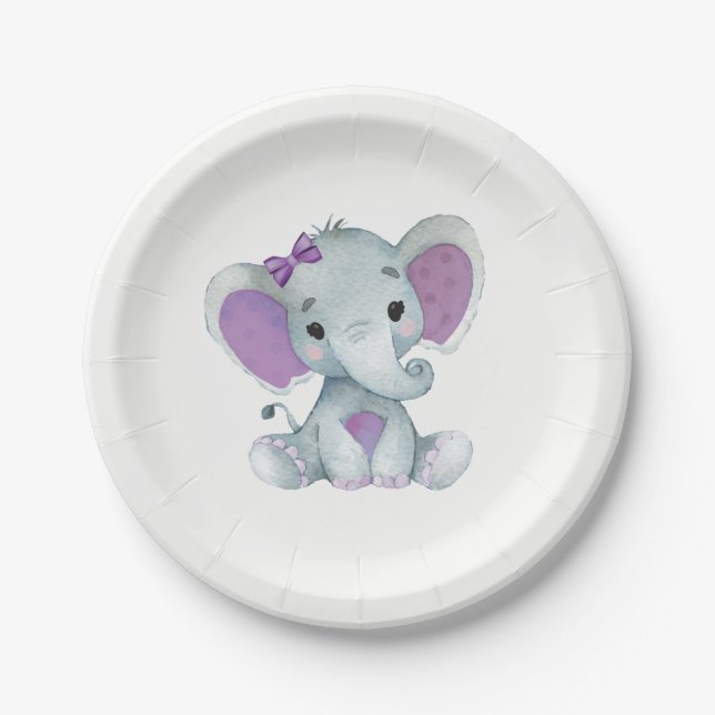Purple Elephant Plate 4 Baby Shower, Birthday (Front)