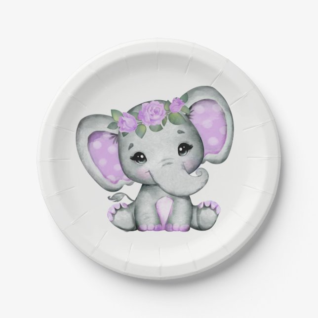 Purple Elephant Plate 4 Baby Shower, Birthday Rose (Front)