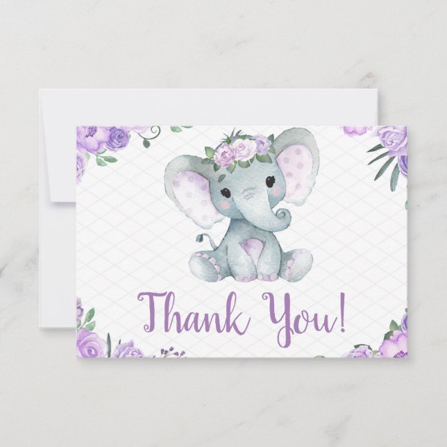 Purple Elephant Thank you Card Roses Girl  (Front)