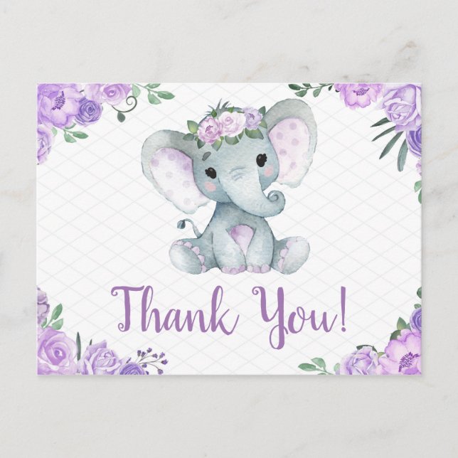 Purple Elephant Thank you  Roses Girl Postcard (Front)