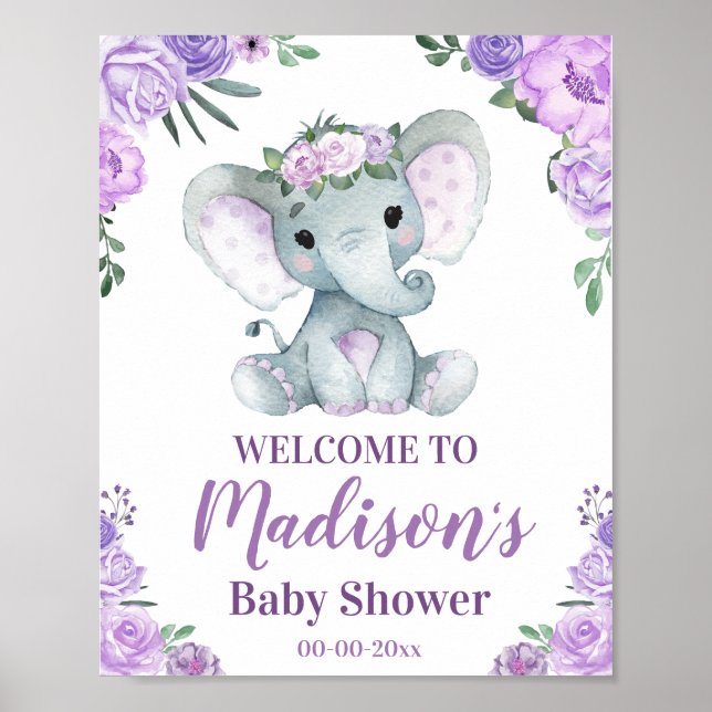 Purple Elephant Welcome Sign, Girl Roses Shower Poster (Front)