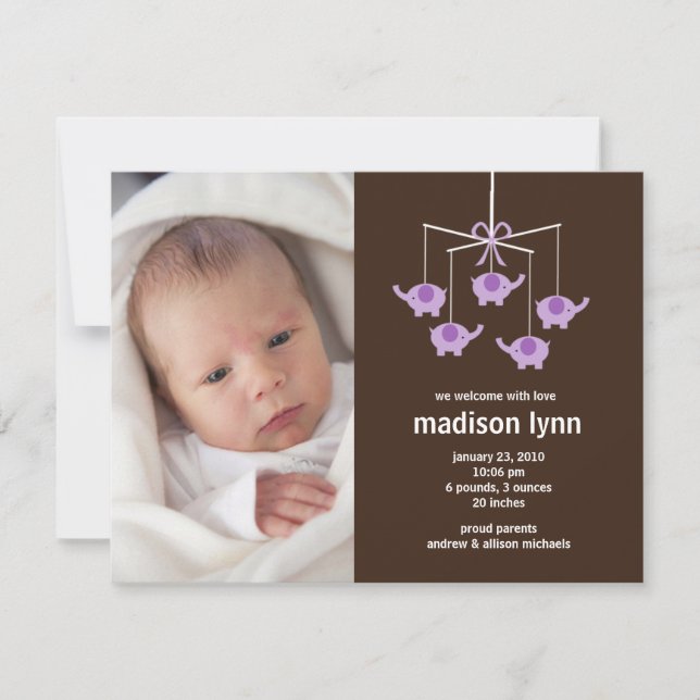 Purple Elephants Baby Girl Birth Annoucement Invitation (Front)