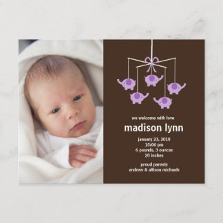 Purple Elephants Baby Girl Birth Annoucement Invitation