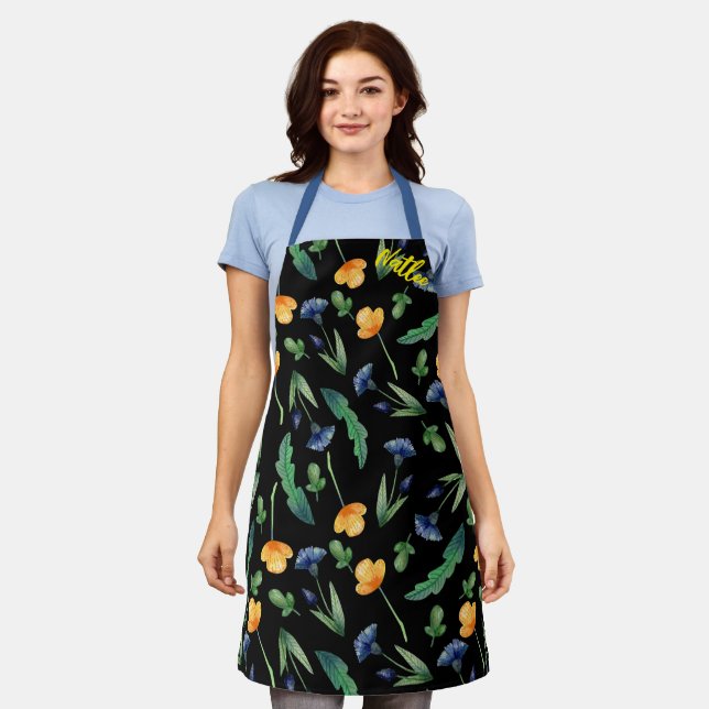 Purple, ellow Multicolor flowers Black Chef Womens Apron (Worn)
