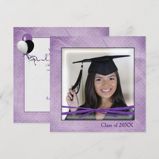 Purple embossed dot graduation photo frame invitation (Front/Back)