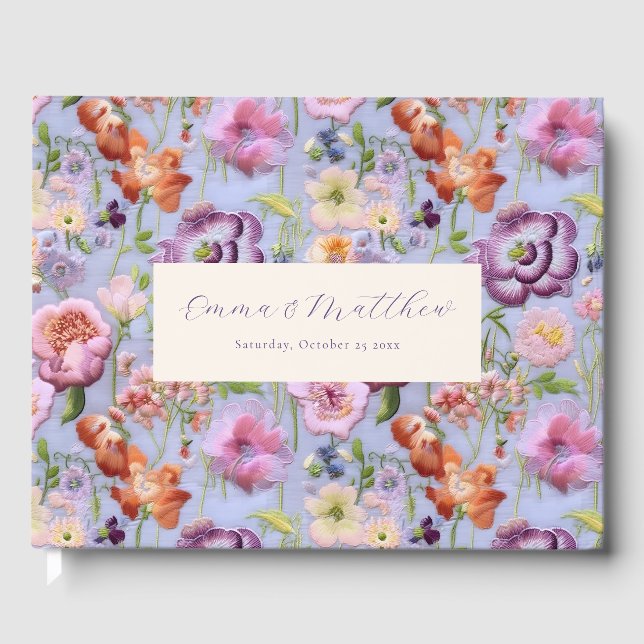 Purple Embroidered Flowers Maximalist Wedding Guest Book (Front)