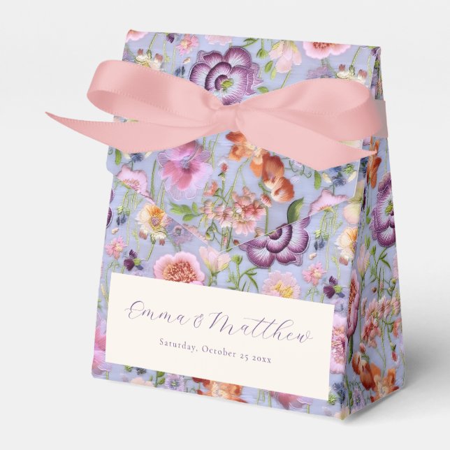 Purple Embroidered Flowers Wedding Favour Box (Front Side)